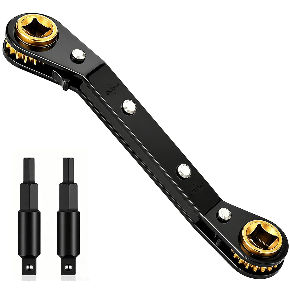 2 Pack HVAC Service Wrench Set, Air Conditioner Valve Ratchet Wrench | HVAC tools: 3/16" to 3/8" and 5/16" x 1/4" service wrenches with 2 hex bit adapters for AC and refrigeration equipment repair