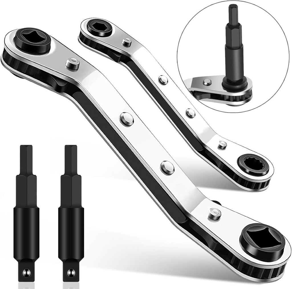 2 Pack HVAC Service Wrench Set, Air Conditioner Valve Ratchet Wrench | HVAC tools: 3/16" to 3/8" and 5/16" x 1/4" service wrenches with 2 hex bit adapters for AC and refrigeration equipment repair