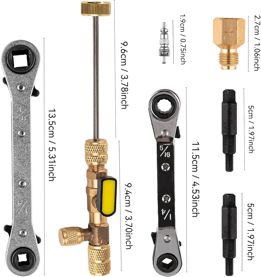 jiouxip Valve Core Remover Installer Tool and HVAC Service Wrench Set with Hex Bit Adapters, Dual Size SAE 1/4 to 5/16 Port, 5/16'', 3/8'' Refrigeration Service Wrench, 10 Valve Core
