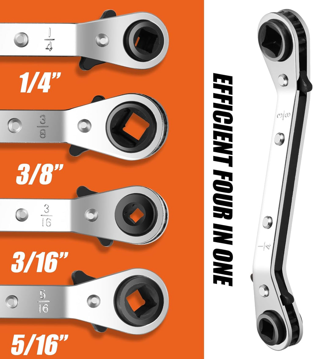 2 Pack HVAC Service Wrench Set, Air Conditioner Valve Ratchet Wrench | HVAC tools: 3/16" to 3/8" and 5/16" x 1/4" service wrenches with 2 hex bit adapters for AC and refrigeration equipment repair