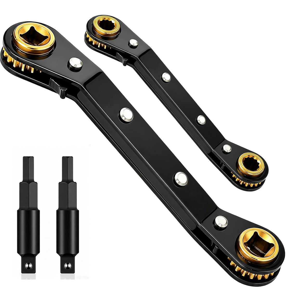 2 Pack HVAC Service Wrench Set, Air Conditioner Valve Ratchet Wrench | HVAC tools: 3/16" to 3/8" and 5/16" x 1/4" service wrenches with 2 hex bit adapters for AC and refrigeration equipment repair