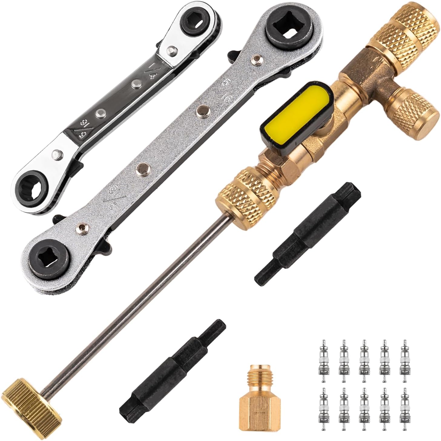 jiouxip Valve Core Remover Installer Tool and HVAC Service Wrench Set with Hex Bit Adapters, Dual Size SAE 1/4 to 5/16 Port, 5/16'', 3/8'' Refrigeration Service Wrench, 10 Valve Core