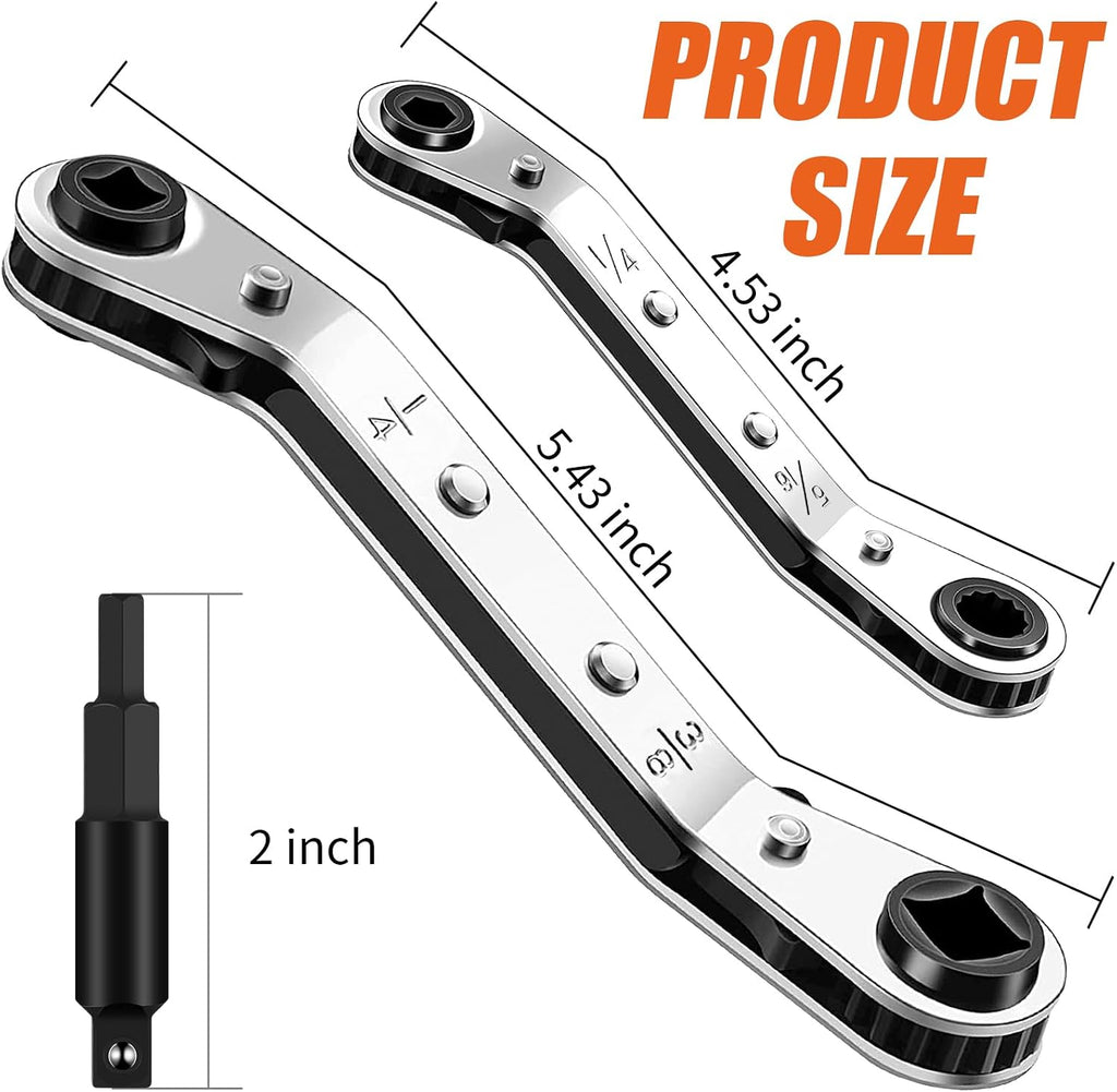 2 Pack HVAC Service Wrench Set, Air Conditioner Valve Ratchet Wrench | HVAC tools: 3/16" to 3/8" and 5/16" x 1/4" service wrenches with 2 hex bit adapters for AC and refrigeration equipment repair