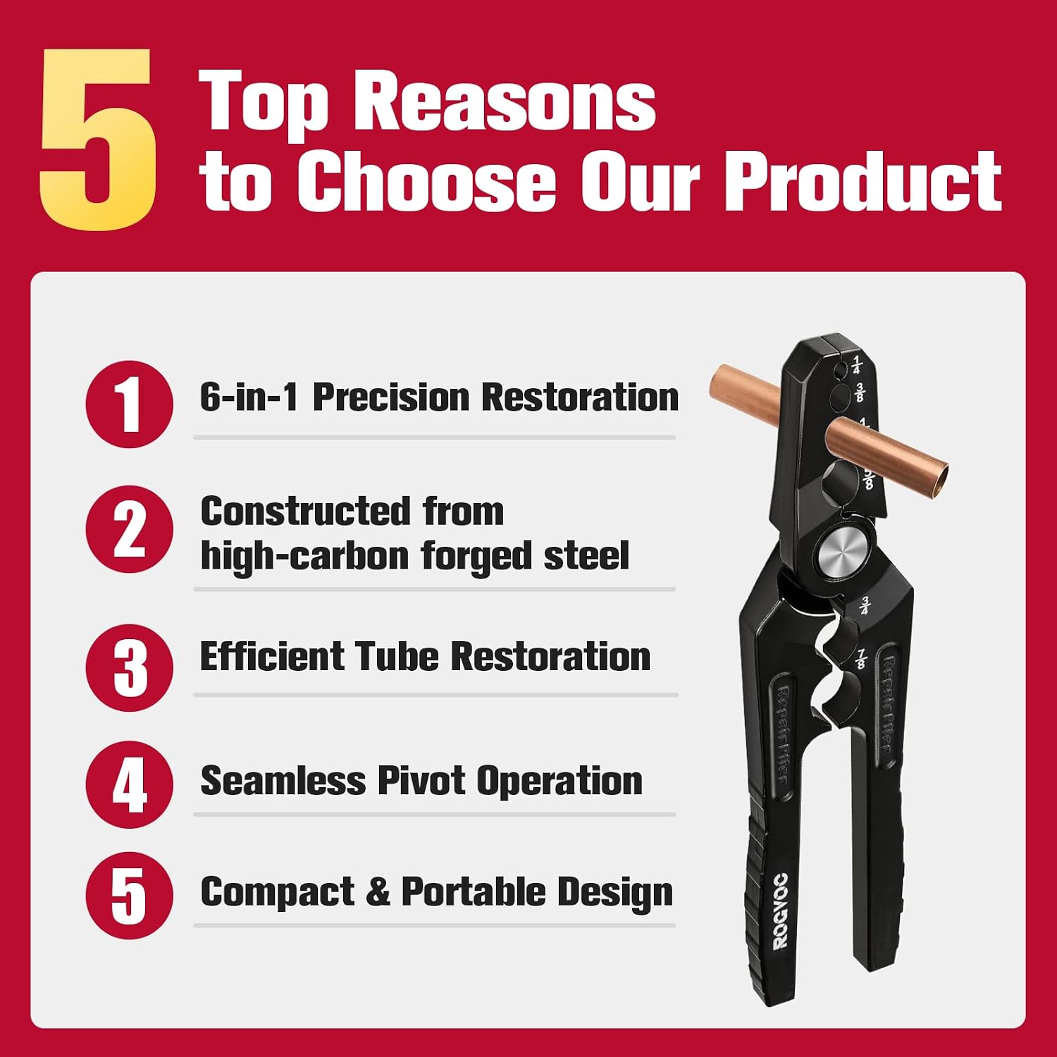 Copper Tubing Repair Tool, Manual Flat Tube Rounder Repairer Pliers | with 6 Hole 1/4, 3/8, 1/2, 5/8, 3/4, 7/8 Inch HVAC Refrigerant Pipe Rounder, for Copper, Aluminum Pipe