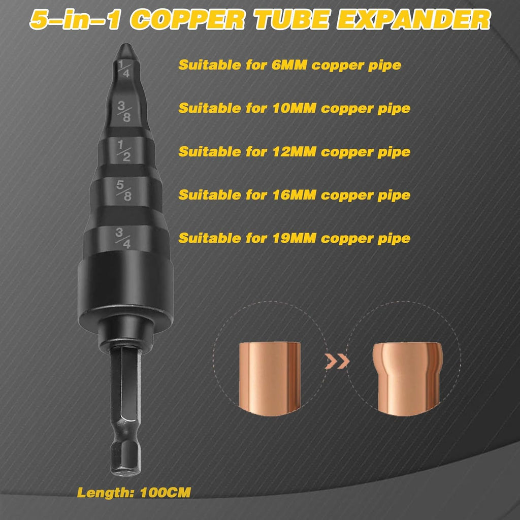 HVAC Repair Tool, Swage Tube Expander 5 in 1 Air Conditioner Copper Pipe Expander Swaging Drill Set Copper Tubing Tool with 1/4, 3/8, 1/2, 5/8, 3/4 Bits