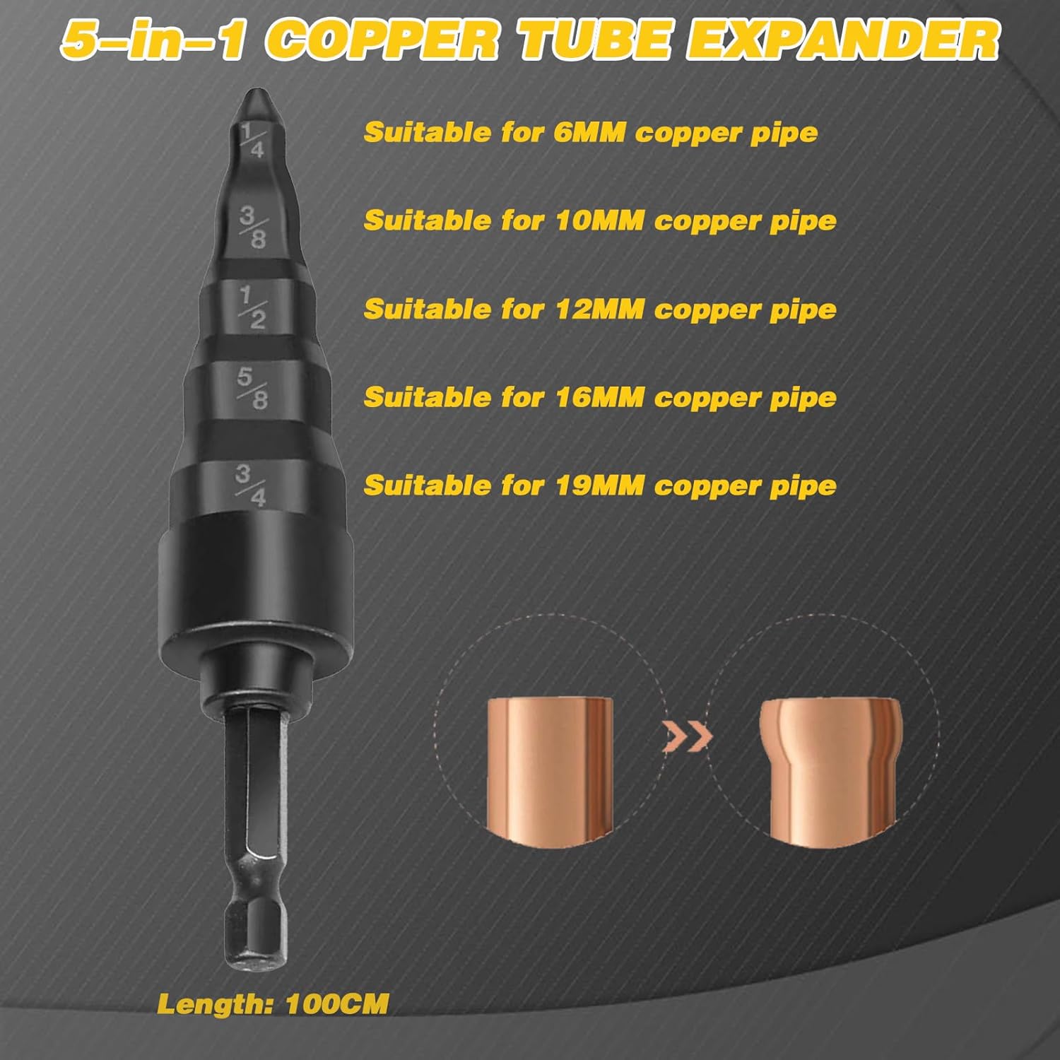 HVAC Repair Tool, Swage Tube Expander 5 in 1 Air Conditioner Copper Pipe Expander Swaging Drill Set Copper Tubing Tool with 1/4, 3/8, 1/2, 5/8, 3/4 Bits