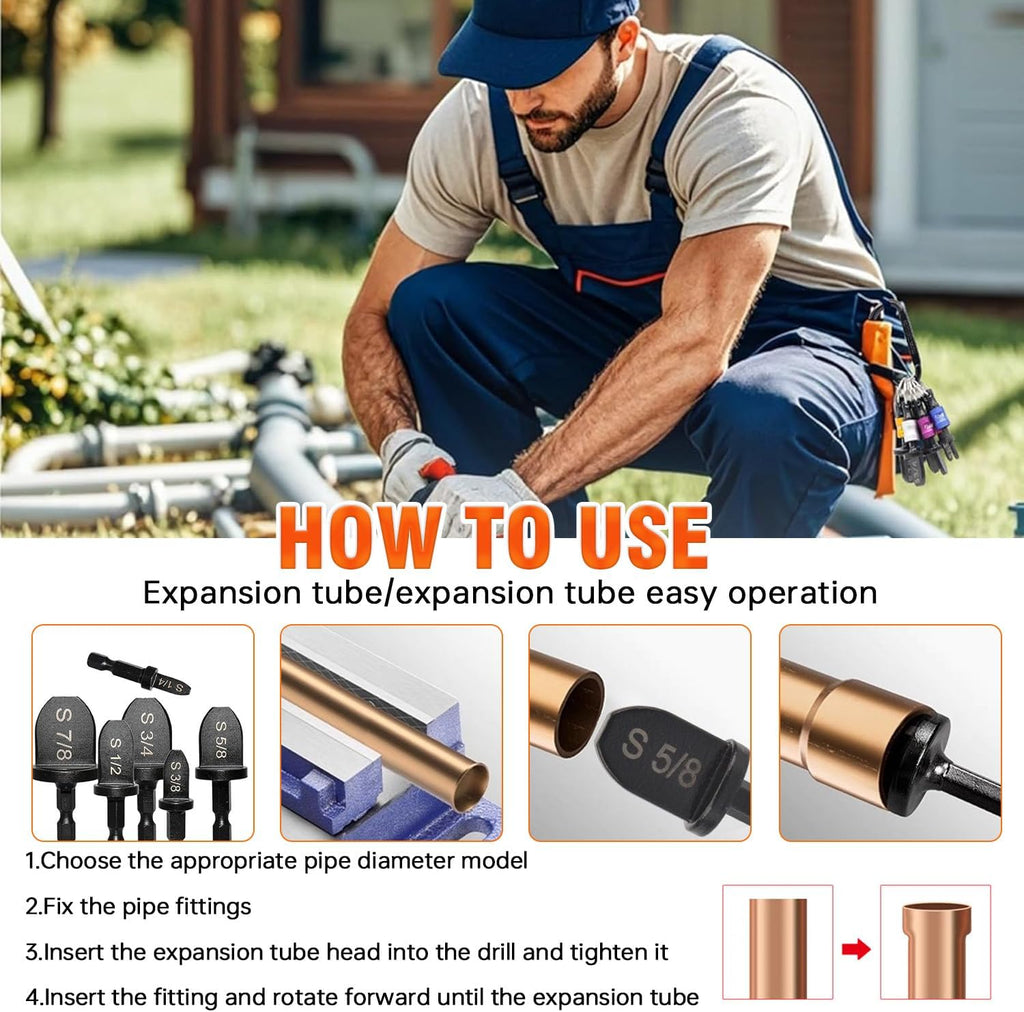 HVAC Tools Air Conditioner Copper Tube Expander with Bit Holder | Swaging tool drill bit set,1/4'', 3/8'',1/2'',5/8'',3/4'',7/8'' Bits Set (13PCS)