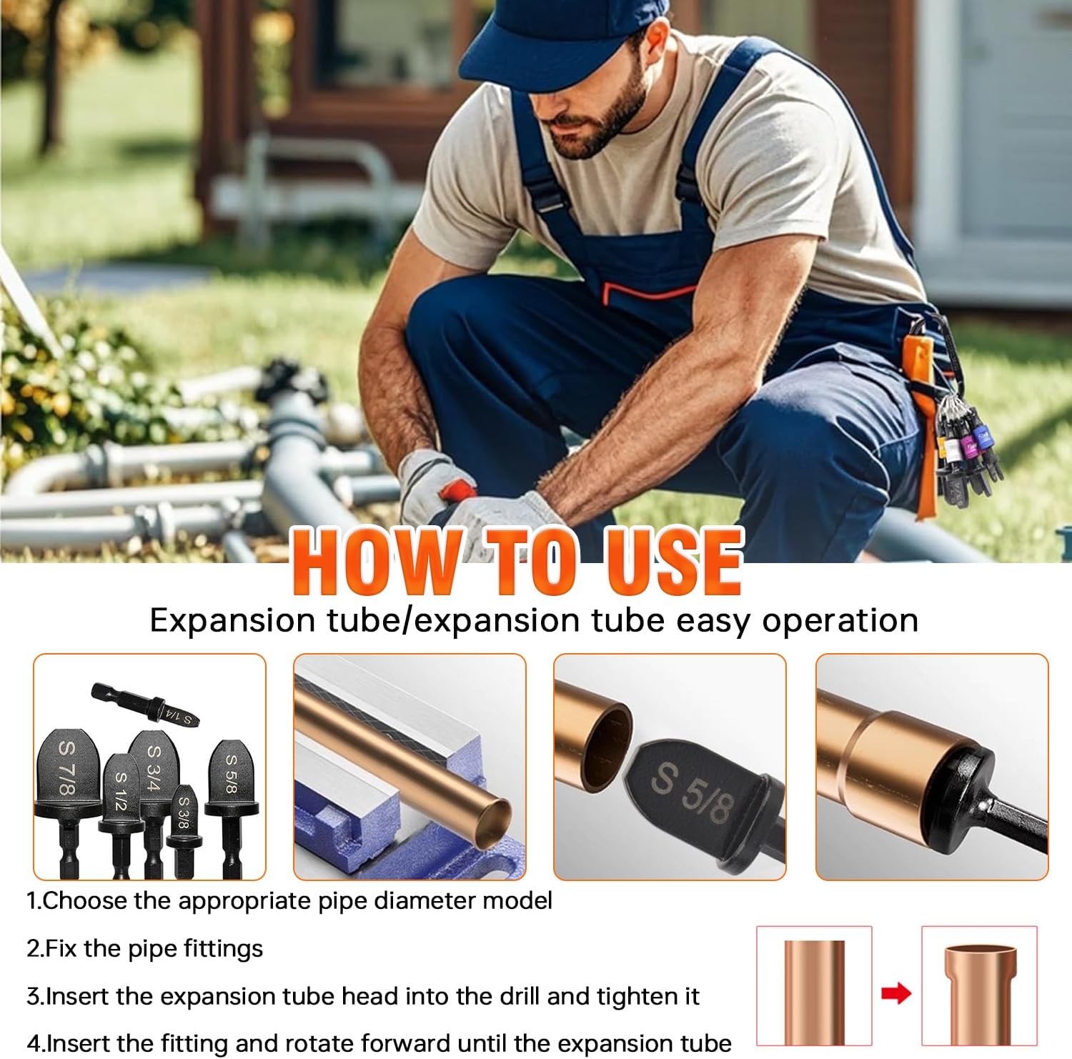HVAC Tools Air Conditioner Copper Tube Expander with Bit Holder | Swaging tool drill bit set,1/4'', 3/8'',1/2'',5/8'',3/4'',7/8'' Bits Set (13PCS)