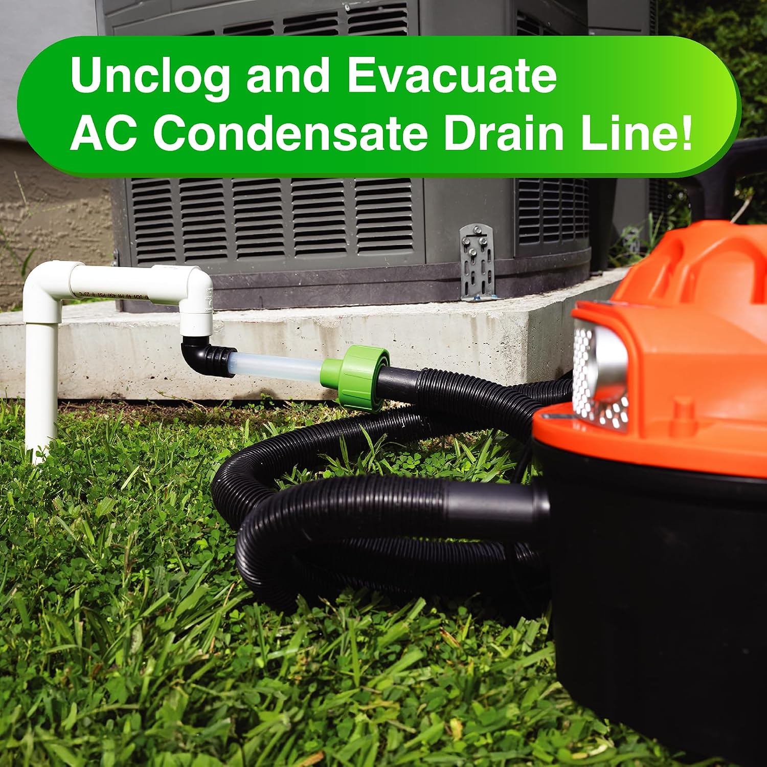AC Drain Line Cleaner - Shop Vac Adapter for HVAC Condensate & Air Conditioner Clogs - Universal Fit Wet/Dry Vacuum Attachment - Clear See Through Fitting - Unclog, Flush & Evacuate