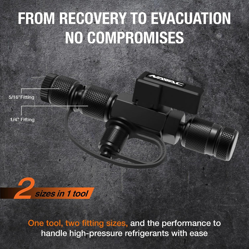 NAVAC NVR2 Valve Core Removal Tool - HVAC Tool for Fast Recovery and Evacuation - Includes 2 Sizes (1/4″ and 5/16″) Flare Fittings in 1 Tool - R-410A Vacuum Rated to 20 Microns - Durable Metal Handle